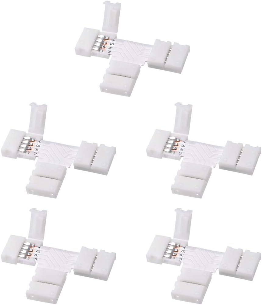 sourcing map 10mm 4P T-shape LED Strip Connector Quick Splitter for 5050 RGB 4 Conductor Strip Lights 5Pcs