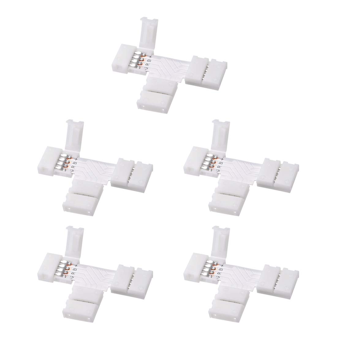 sourcing map 10mm 4P T-shape LED Strip Connector Quick Splitter for 5050 RGB 4 Conductor Strip Lights 5Pcs