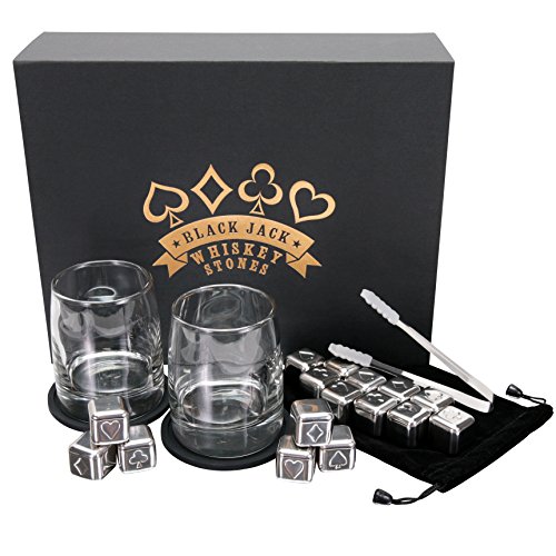 Black Jack Whiskey Stones - Premium Reusable Stainless Steel Beverage Chilling Cubes with Glasses & Tongs – Total Of 16 Cubes