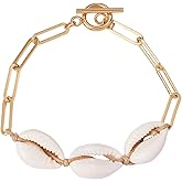 Ornaland Natural Cowrie Shell Bracelet Golden with Paperclip Chain Bisque Shell Bracelet Handmade Jewelry for Women Summer Beach
