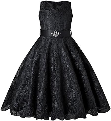Vamelia Floral Lace Girl Dress with Rhinestone Belt for Little Girl Graduation Pageant Ball Gown, Black 120