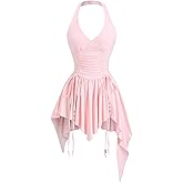 WDIRARA Women's Punk Halter Mini Dress Western Asymmetrical Ruffle Sleeveless Drawstring Ruched A Line Dresses