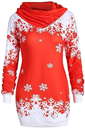 Moonuy Festive Christmas Stylish Design Dress Party Dress for Christmas Party Decoration Fashion Women Merry Christmas Snowflake Printed Tops Cowl Neck Sweatshirt Blouse