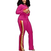 2 Piece Outfits for Women Long Sleeve Striped Zipup Jacket Wide Leg Long Pant Retro Tracksuit Sport Set Wine Red