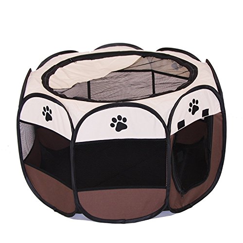 UNFADE MEMORY Portable Foldable Pet Playpen, Indoor/Outdoor, Dog/Cat/Puppy Exercise Pen Kennel, Removable Mesh Shade Cover, Dog pop up Silhouettes pet Pen - Brown, M