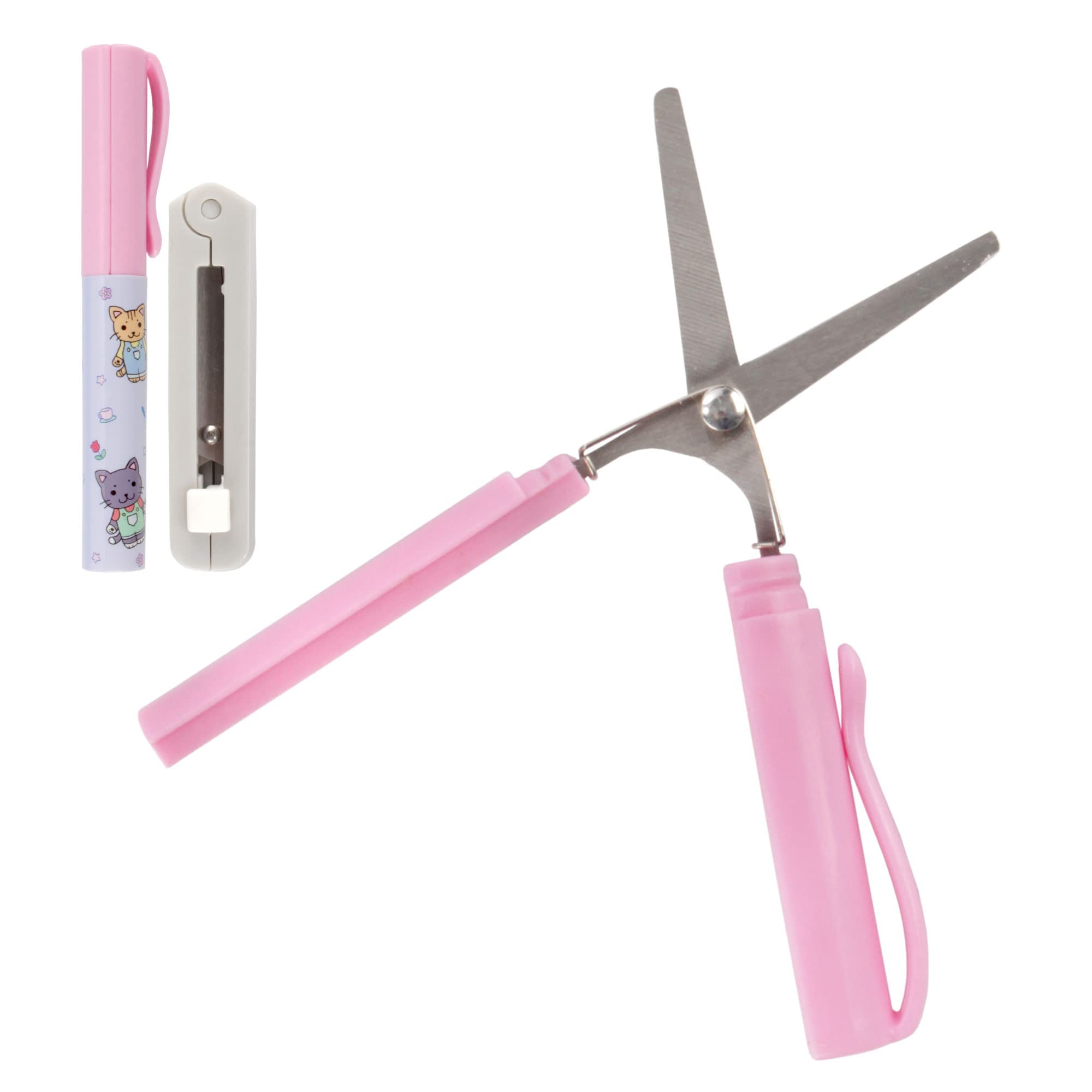 Compact Scissors Set - Pen and Push Portable Scissors - Garden Kitty & Grey - 1 Pair Each