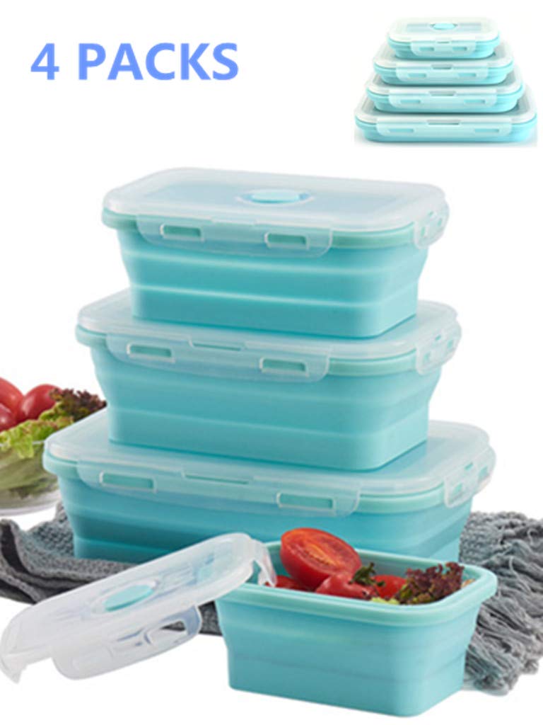 Set of 4 Collapsible Food Storage Containers with Lids Portable Silicone Food Containers Microwave Freezer Safe Lunch Box Bento Box Folding Outdoor Picnic Travel Food Containers(Blue)