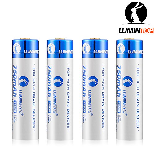 LUMINTOP 3.7V 750mAh Circuit Protected 14500 Rechargeable Li-ion Battery with High Performance Circuit Protection Tech and Battery Carrying Case (Pack of 4)