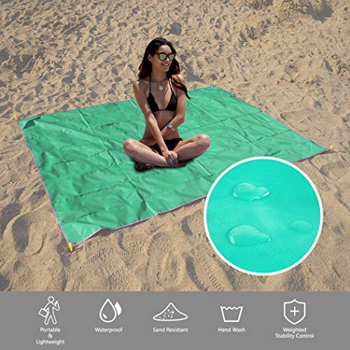 Home Queen Beach Pocket Blanket, Compact Beach Blanket for Camping, Hiking -Waterproof Sand Free Mat 78" x 55" Rug Avoid Sand Dirt - Picnic Blanket with 4 Anchor Stakes (Teal, 78 x 57 inch)
