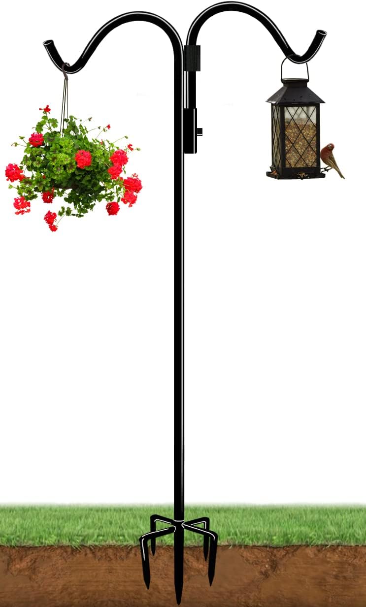 Outdoor Shepherd's Hooks - AnBaiMei 92 Inch Double Shepherds Hook for Outdoor with 5 Prong Base, Adjustable Heavy Duty Bird Feeder Pole for Hanging Flower Basket, Plant Hanger, Solar Light Lanterns, Black