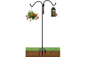AnBaiMei 92 Inch Double Shepherds Hook for Outdoor with 5 Prong Base, Adjustable Heavy Duty Bird Feeder Pole for Hanging Flower Basket, Plant Hanger, Solar Light Lanterns, Black