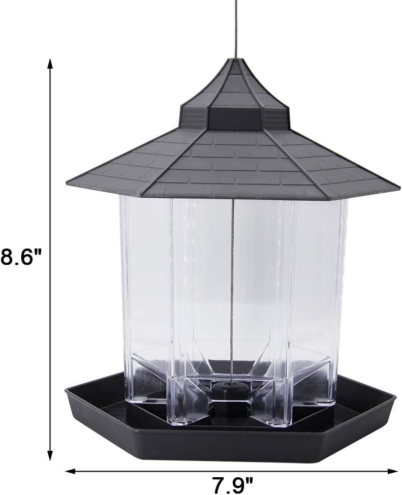 SAND MINE Panorama Bird Feeder, Hexagon Shaped with Roof Hanging Bird Feeder for Garden Yard Decoration (Grey) : Garden & Outdoor