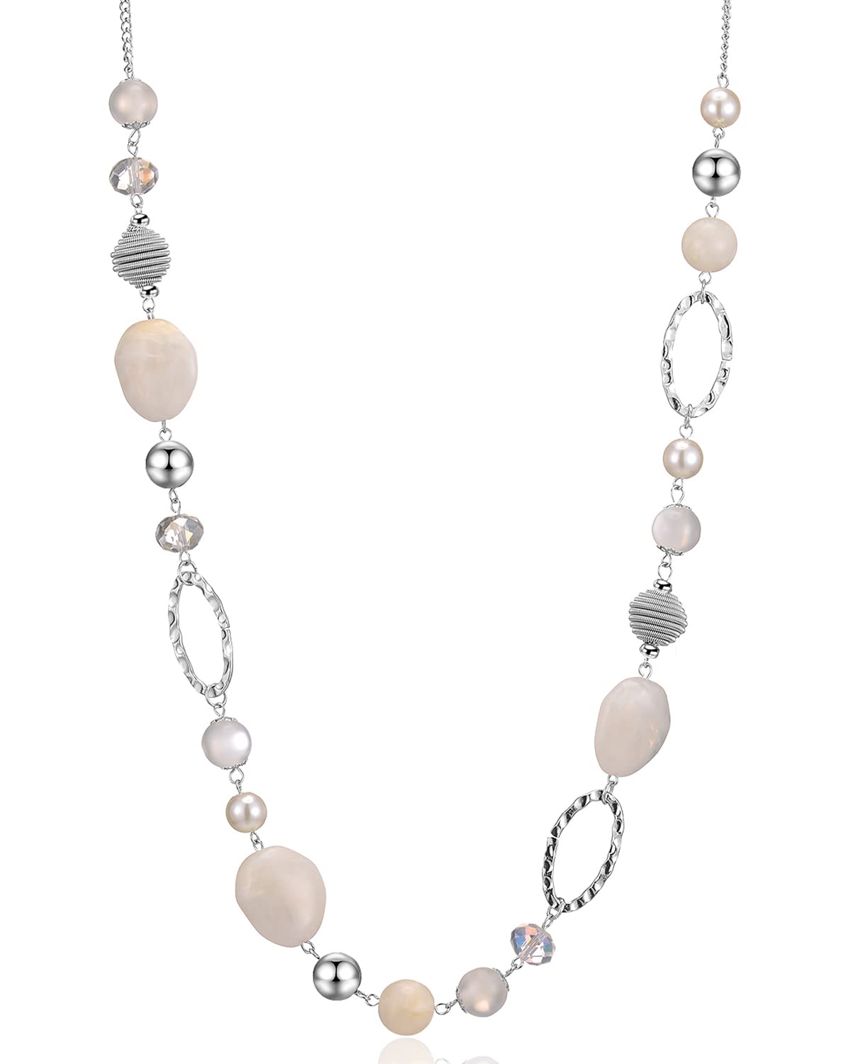 BULINLIN Beaded Long Silver Necklaces for Women, Handmade Statement Sweater Chain Necklace with Crystal Beads for Fashion Jewelry gifts(White)