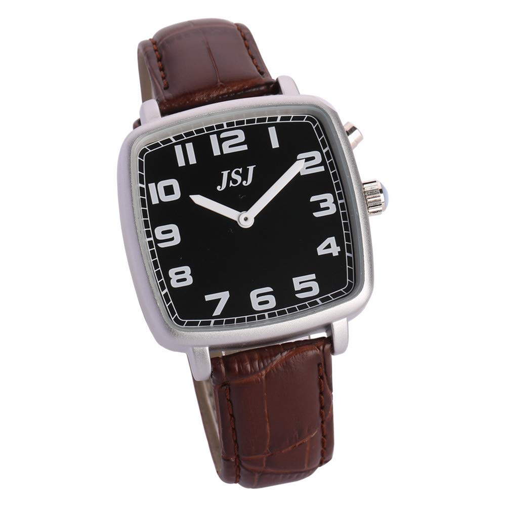 VISIONU Square English Talking Watch with Alarm,Talking Date and Time,Black Dial,Brown Leather Band TESW-1714U