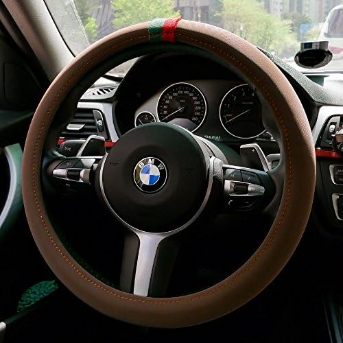 BaekSeung Premium Microfiber Leather Car Steering Wheel Cover, Durable, Universal (14.5’’ to 15’’) Anti-slip Car Handle Cover with Point Stripes Design (Brown)