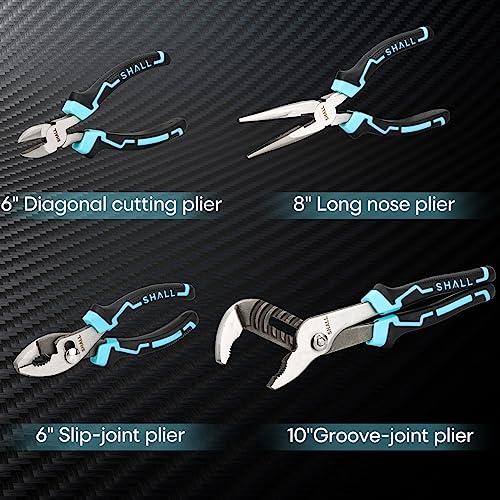 Shall 4-Piece Pliers Set, Pliers Tool Set, 6-inch Side Cutters, 8-inch Needle-Nose Pliers, Two-Tone TPR Handle, Roll-Up Storage Case Included
