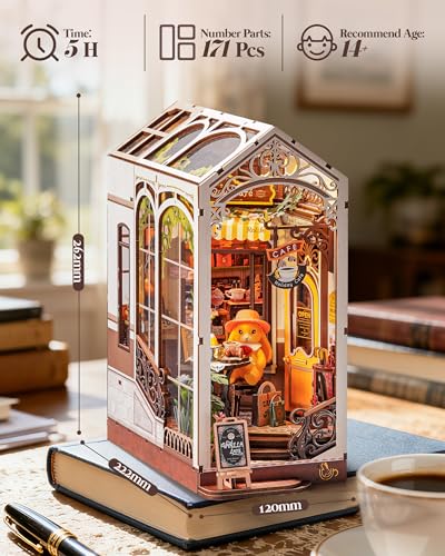 Rolife Book Nook Kit Houses Miniatures to Assemble Holiday Coffee Puzzle Wood 3D Adults with Lights Home Decoration Book Models to Build Adults Gift for Teacher Mother Children