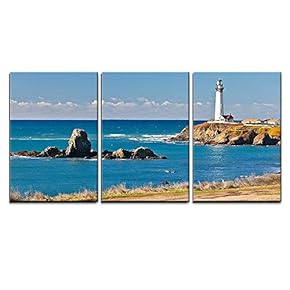 3 Piece Canvas Wall Art - Pigeon Point Lighthouse on California Coast - Modern Home Art Stretched and Framed Ready to Hang - 16"x24"x3 Panels
