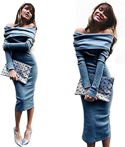 ZHU Women Long Sleeve Off Shoulder Winter Stretch Bodycon Evening Long Pencil Dress Small