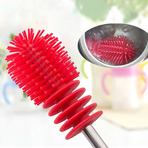 Silicone Bottle Brush,Food-Grade Long Handle Feeding Bottle Brush Baby Bottles Brush Scratch-Free 360° Rotating Cleaning Brush for Feeding Bottle Water Bottle Thermoses Cup Food Jar(Red)
