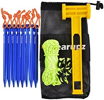 Gearupz Tent Stakes Kit With 10 Aluminium Alloy Pegs & 4 Reflective Guyline & Camping Hammer (Blue)