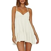 Womens V Neck Crisscross Backless Dresses Tie Back Sleeveless Ruffle Hem Flowy Swing A-Line Vintage Summer Mini Dress