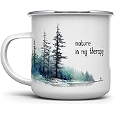 Loftipop Nature is My Therapy Enamel Campfire Coffee Mug, Outdoor Lover Camping Cup, Mountains Forrest Wildlife Hiking Camp Adventure Gift (12oz)