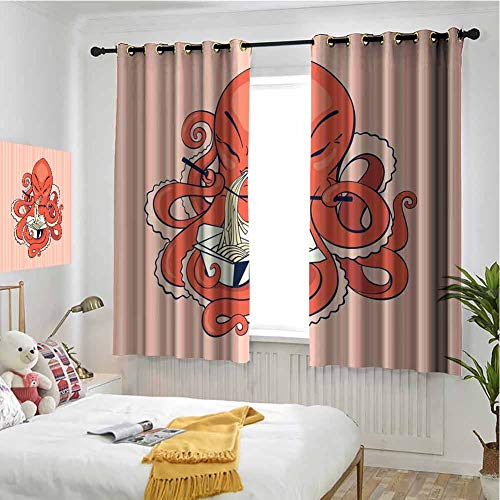 Grommet Window Curtain Kids Curtain Octopus,A Cartoon Octopus Eating Noodles with Chopsticks in Tentacles Retro Style,Orange Pink Window 108 x 72 inch