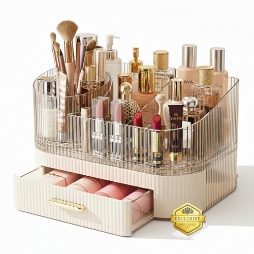 BEMANZ Makeup Organizer with Stackable Drawers and Rotating Module, Transparent with Cream Drawer for Cosmetics, Brushes and Perfumes for Vanity and Desk Makeup Organizer