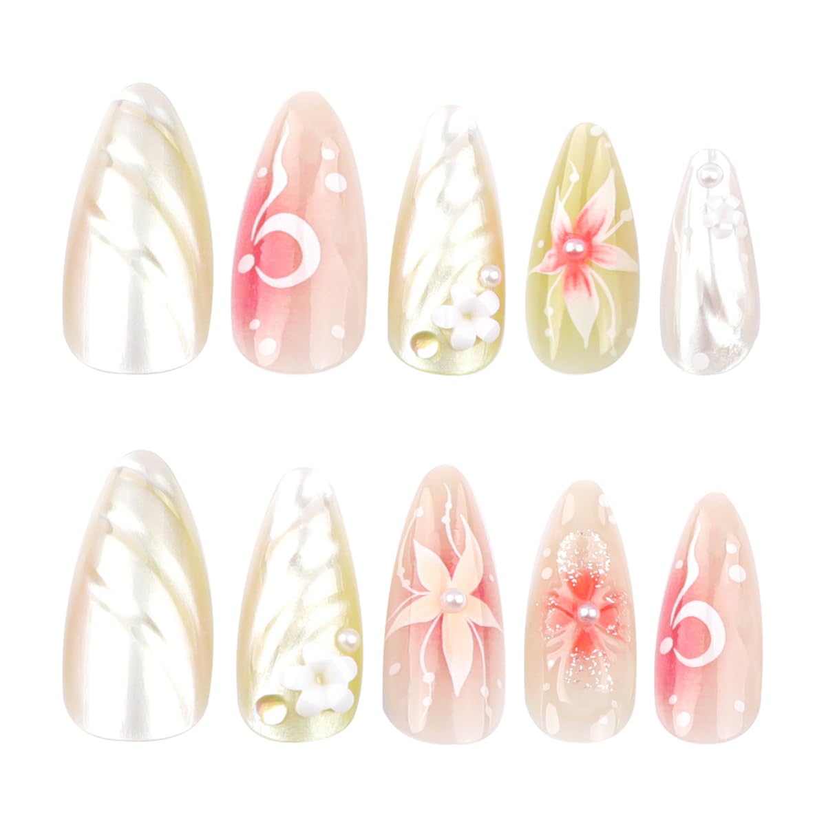 Flower Press on Nails Medium Almond Fake Nails Spring Summer Nails Press ons with Floral Designs Cute False Nails Pink Acrylic Nails Full Cover Glossy Stick on Nails for Women Manicure 24Pcs - Image 5