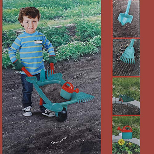 High Bounce Kids Plastic Wheelbarrow with Garden Accessories- Gardening Gloves, Watering Can, Shovel, Hoe, Rake, Fork and Hat