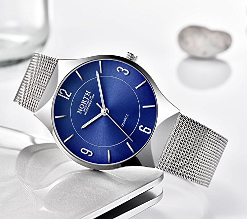 NORTH Silver Stainless Steel Mens Watch Fashion Analog Quartz Men Wrist Watches Casual Waterproof Military Wristwatch for Men Blue - Thumbnail 2