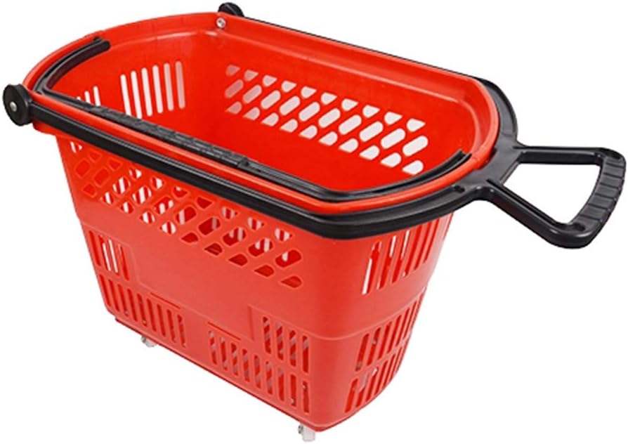 Rolling Plastic Shopping Baskets with Pull Handle Carton of 6 (Red)