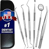 Dental Tools, 6 Pack Teeth Cleaning Tools Stainless Steel Dental Scraper Tooth Pick Hygiene Set with Mouth Mirror, Tweezer Kit for Dentist, Family Oral Care, Dogs - With Leather Case