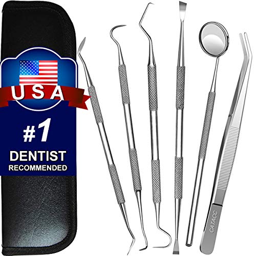 Dental Tools, 6 Pack Teeth Cleaning Tools Stainless Steel Dental Scraper Tooth Pick Hygiene Set with Mouth Mirror, Tweezer Kit for Dentist, Family Oral Care, Dogs - With Leather Case