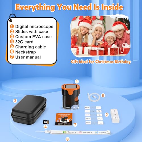 Digital Microscope for Kids Ages 6-12: 4K 2.0" Screen USB Portable Miniscope Rechargeable Handheld Coin Magnifying Glass Edu Science STEM Toy Gift for Boys Girls Christmas w/ 32G Card EVA Case