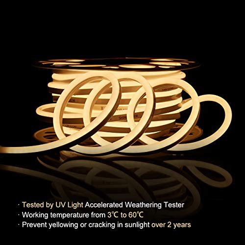 Shine Decor 50ft 110V Dimmable LED Neon Light, 3000K Cuttable Warm White LED Neon Rope Lights, 2835 LED Strip 120LEDs/M, IP65 Waterproof Neon Lighting, for Indoor Outdoor Decoration(7x14.5mm)
