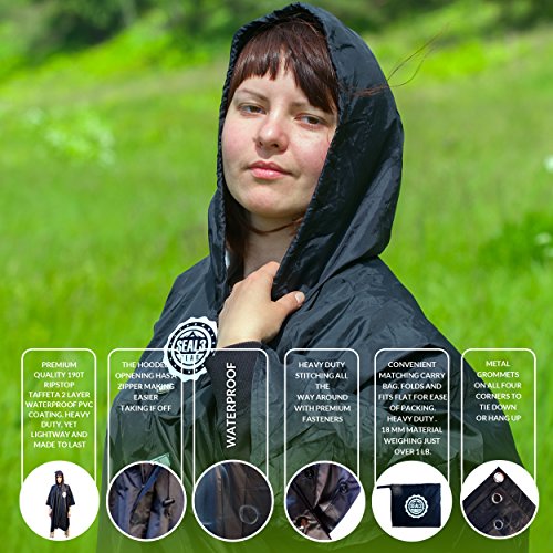 SEAL3 Rain Poncho Waterproof, Hooded, Heavy Duty PVC RaincoatGear