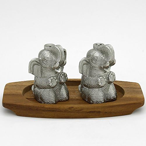 Oriental Pewter - Pewter Condiments Set - Salt and Pepper Caddy Set, Set of 3, Hand Carved with Baby Elephant Shaped, Pure Tin 97% and Lead-Free Handmade in Thailand