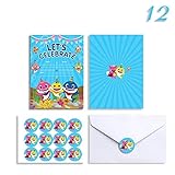 12 Birthday Invitations with Stickers Envelopes, Baby Shower Party Invitation Invites Cards for 1st Girls or Boys for Baby Cute Shark