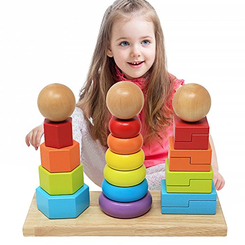 NEOWOWS Wooden Geometric Stacker 21Pcs Rainbow Rings Educational Toys Shape Sorter and Color Recognition