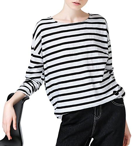 TOYOUTH T-Shirts Cotton Women Stripe Printed Loose Base Long Sleeve O-Neck Tees Tops