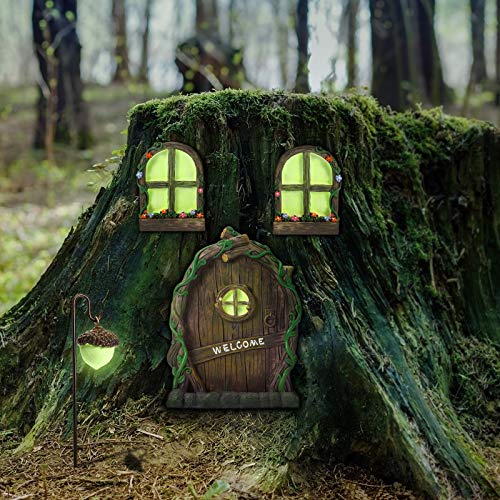 Jetec Fairy Oor and Window with Light Glow in The Dark Window and Door with Lamp for Trees Decoration for Trees Garden Fairy House Kit for Gnome Outdoor Yard Lawn Garden Decor