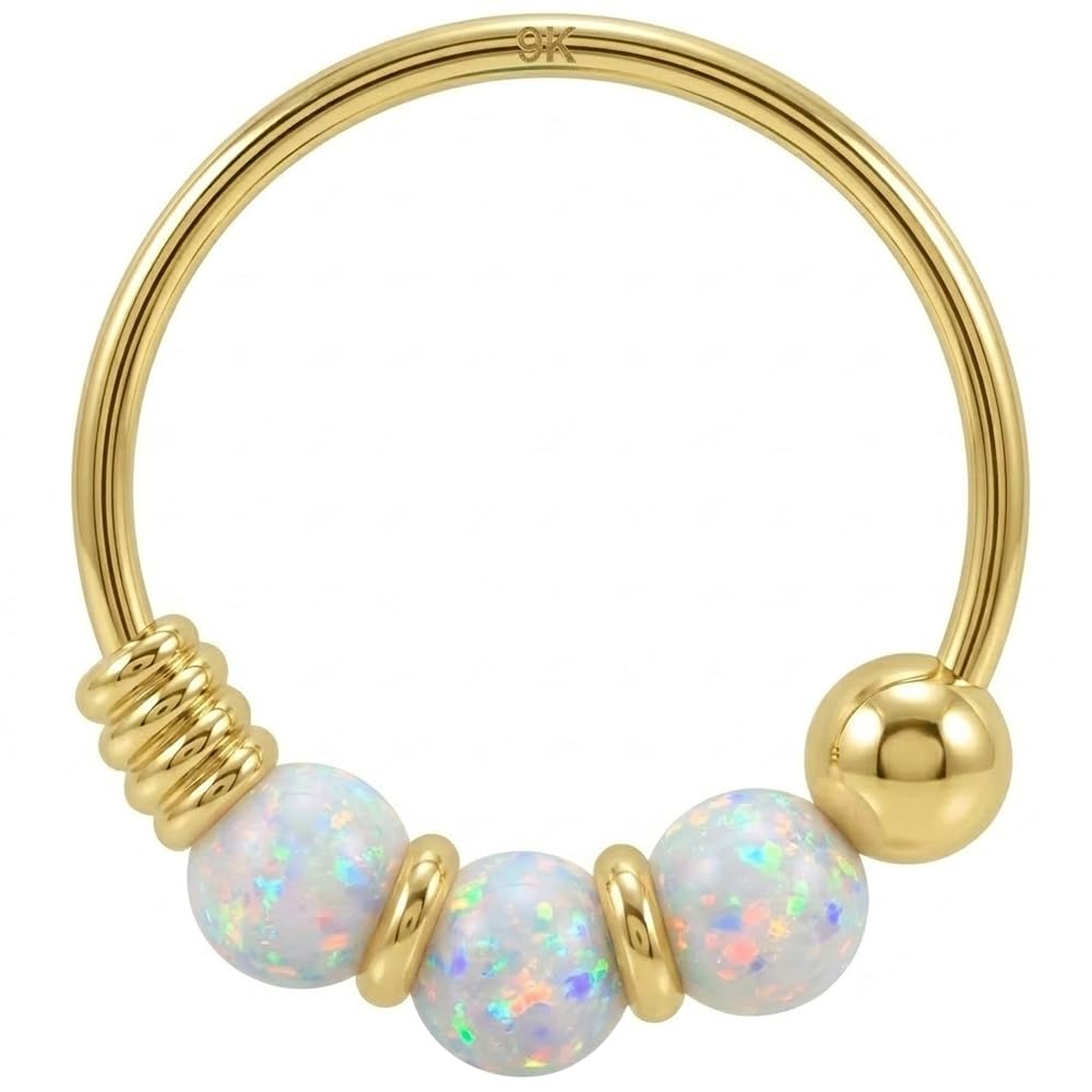 AZARIO LONDON 9K Yellow Gold Nose Ring Triple White Opal Bead 22 Gauge Hoop