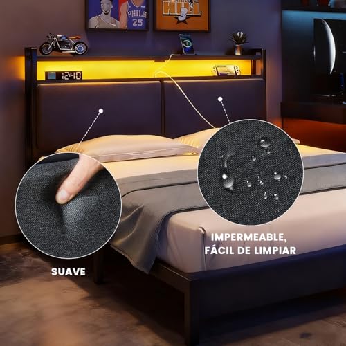 KVOZEN Cabecero de Cama Queen Size 150cm con Luces LED RGB Inteligentes, Cabecero Acolchado con 4 Puertos de Carga USB y Type-C, Estante y Control Remoto, Cabecero Matrimonial Moderno para Dormitorio
