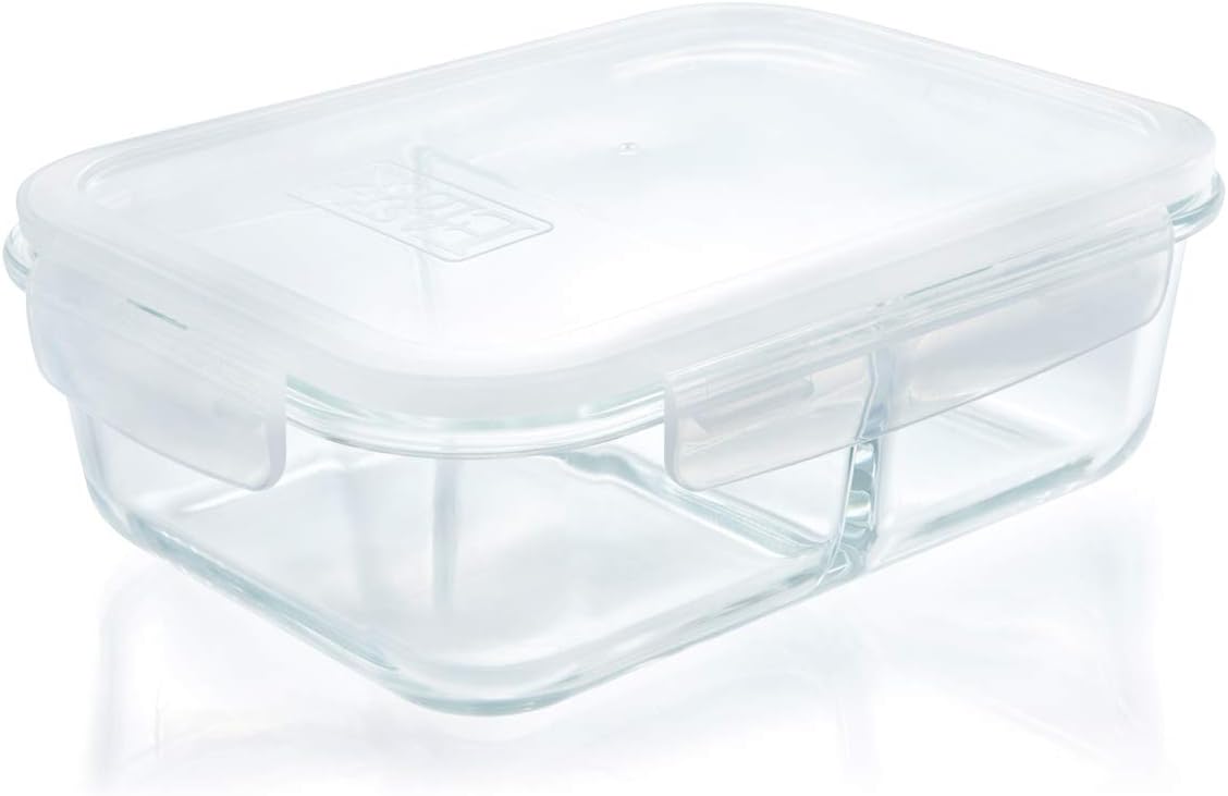 49oz Glass Meal Prep Food Storage Container with 2 Compartment, Divider Portion Control Lunch Box, BPA Free, Microwavable, Large