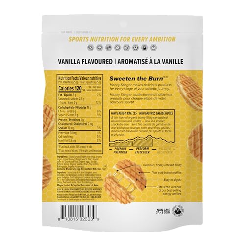 HONEY STINGER ORGANIC MINI VANILLA WAFFLES, ENERGY STROOPWAFEL FOR EXERCISE, ENDURANCE AND PERFORMANCE, SPORTS NUTRITION FOR HOME & GYM, PRE AND POST WORKOUT, 1 BAG, 5.3 OUNCES