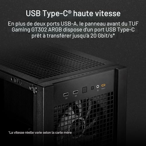 TUF Gaming GT302 ARGB ATX Mid-Tower Case Black - Four 140 x 28 mm ARGB Fans for High Airflow and Static Pressure, Interchangeable Tempered Glass and Mesh Side Panel, Hidden-Connector MB Support