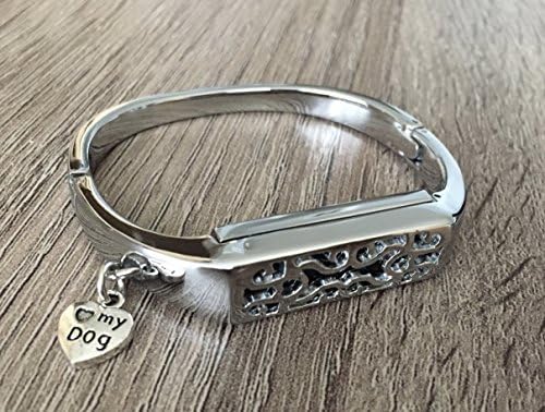 Silver Metal Bangle For Fitbit Flex 2 Fitness Activity Tracker Handmade Accessory Jewelry Fitbit Flex 2 Band With Silver I Love My Dog Pet Charm Replacement Bracelet