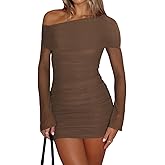 Women's Sexy One Shoulder Mesh Dress See Through Long Sleeve Ruched Sheer Mesh Bodycon Club Night Cocktail Mini Dress